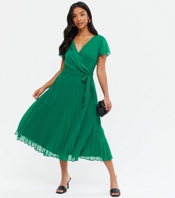 Petite Green Pleated Wrap Midi Dress ...
